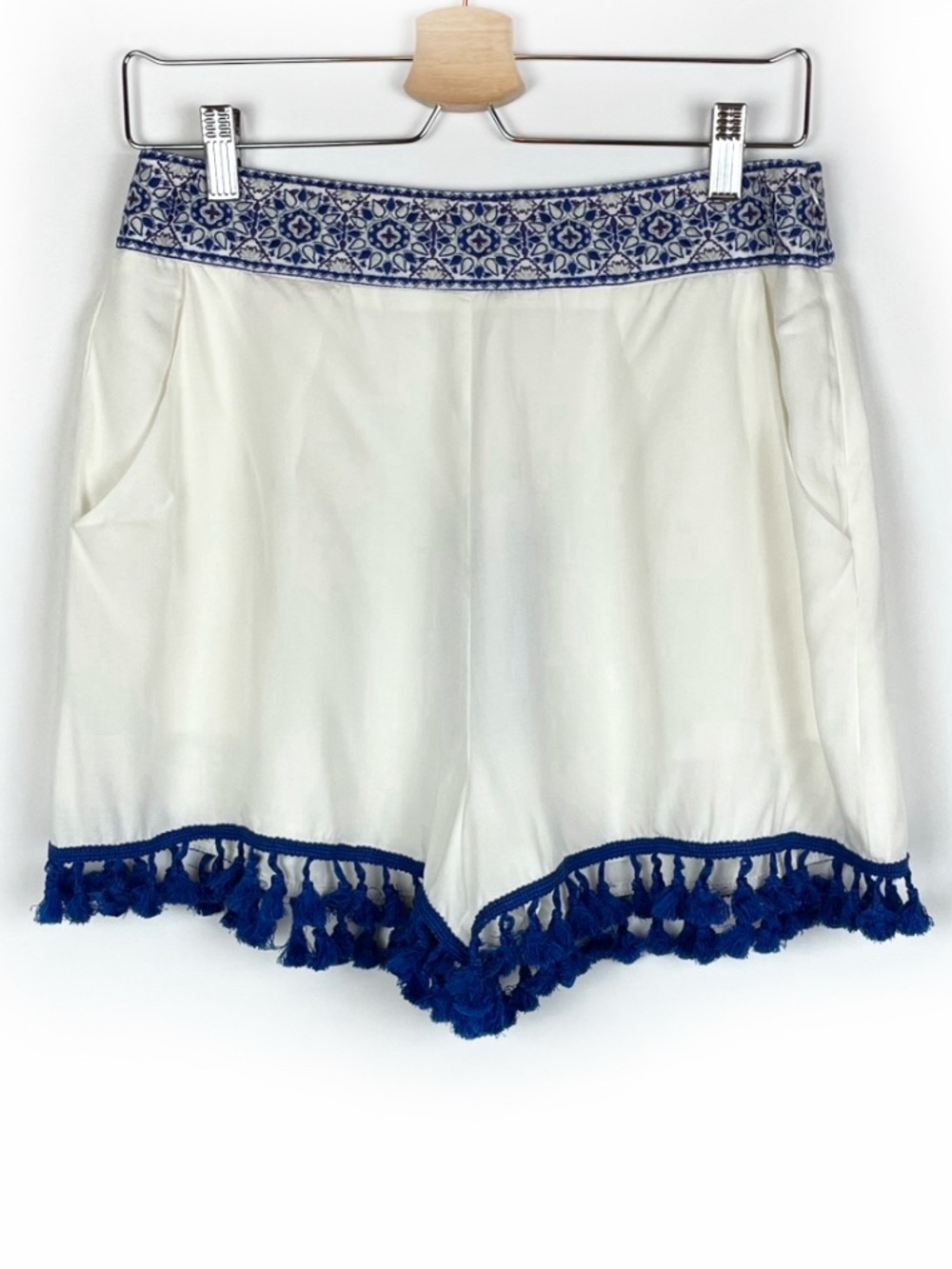 Show Me Your MuMu Blue White Embroidered High Waisted Tassel Hem Shorts Size L